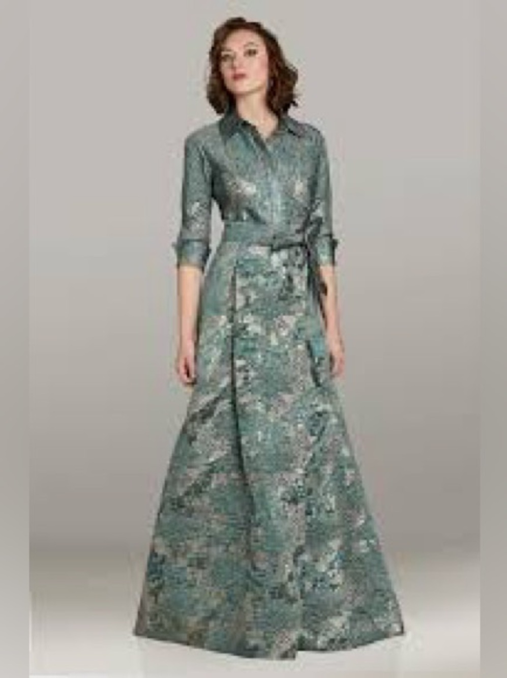 Fariani Couture 18246 Teal and Silver Brocade A-Line Maxi Dress